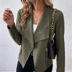 NEW - Army Green Open Front Faux Suede Jacket - SEE VIDEO!